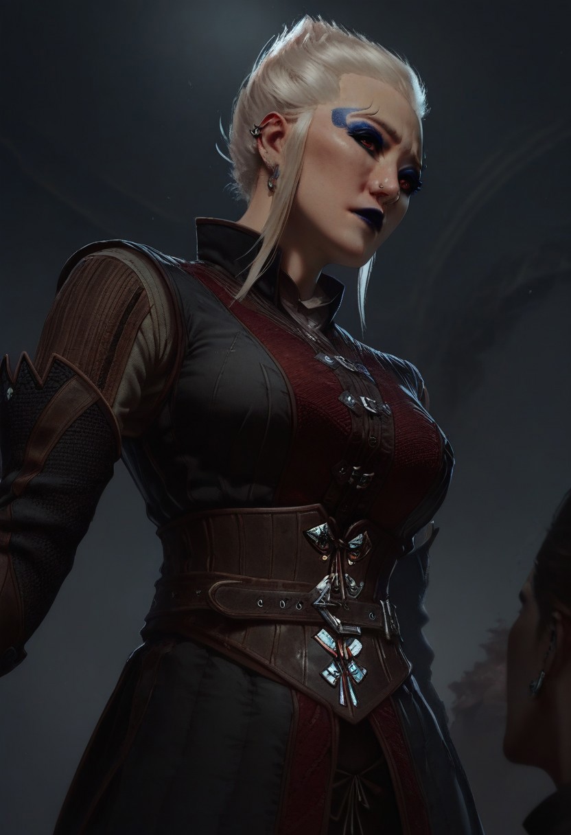 score_9, score_8_up, score_7_up, 
BREAK, 1girl, bg3fem_warlock, pale skin, blue makeup, blue lipstick, red eyes, white hair, pointed hair,
BREAK, dark padded armor, upper body, from below, looking down, indoors, 
BREAK, aesthetic, wallpaper, high quality, gwentstyle, Expressiveh, concept art, realistic, dark theme, low light,