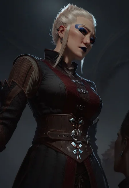 score_9, score_8_up, score_7_up,
BREAK, 1girl, bg3fem_warlock, pale skin, blue makeup, blue lipstick, red eyes, white hair, pointed hair,
BREAK, dark padded armor, upper body, from below, looking down, indoors,
BREAK, aesthetic, wallpaper, high quality, gwentstyle, Expressiveh, concept art, realistic, dark theme, low light,