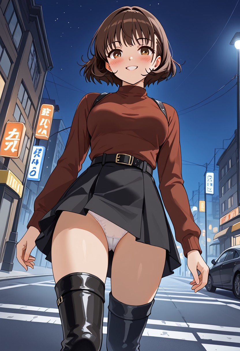 NSFW, bottom view, walking towards viewer, 1 girl, brown hair, alone, smiling, brown eyes, defined pupils, blushing, short hair, medium breasts, white low-cut top, long sleeves, short skirt, black skirt, black belt, black boots, mid-thigh boots, white panties, panties with black bow, urban background, asphalt, sidewalks, incandescent light fixture, night