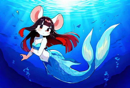 Aniya, 1girl, solo, furry, furry female, mouse girl, long hair, red hair, multicolored hair, black hair, straight hair, blunt bangs, sidelocks, red eyes, snout, animal nose, whiskers, body fur, white fur, mermaid, blue mermaid tail, black seashell top, underwater