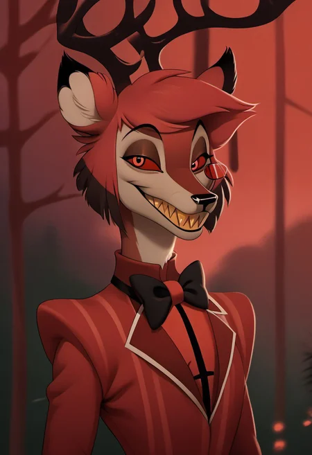 score_9, score_8_up, score_7_up, score_6_up, masterpiece, solo, ((detailed eyes, detailed face, detailed fur, 
BREAK
Great Prince of the Forest, GPotF, deer, buck, disney, antlers, red fur, beige markings, brown eyes, brown eyelids, brown eyeshadow, eyeliner, black eyebrows, anthropomorphic deer, furry, anthro deer, animal focus, alastor_hh, alastor \(hazbin hotel\), solo, red theme, 1boy, red eyes, bow, smile, looking at viewer, evil smile, grin, short hair, bowtie, horror, monocle (theme), sharp teeth, yellow teeth, laughing
<lora:add-detail-xl:1.0>