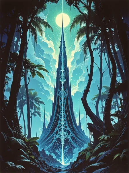 famous artwork, hyper-realistic, photo-realistic, award-winning 80s cinematic fantasy movie still in an otherworldly jungle, highly aesthetic, high resolution, uhd, 8k, 4k, dramatic, epic, meticulous, accurate, at night, low angle of view, in the heart of the jungle, where shadows dance and bleed, a beautiful chaotic melody, where depravity finds its seed, neon lights paint a picture, of a world immersed in sin, a collision of emotion and violence, where numbness dwells within, black tendrils, tower of cosmic energies, eerie stillness, ominous lighting, color gradients, the color palette is predominantly peacock blue and chartreuse and light beige and imperial purple, lovecraftian, cthulhu mythos, ovg, aidmaimageupgrader, arsmoviestill, dndgr41nyb0yz style, <lora:image_upgrader-v0.3-flux-by_aidma:0.44> <lora:style-80s_fantasy_movie-v3-flux-by_arsmachina:1.0> <lora:style-dnd_grainyboyz-romulus-flux-by_kimwithdapuss:0.44>