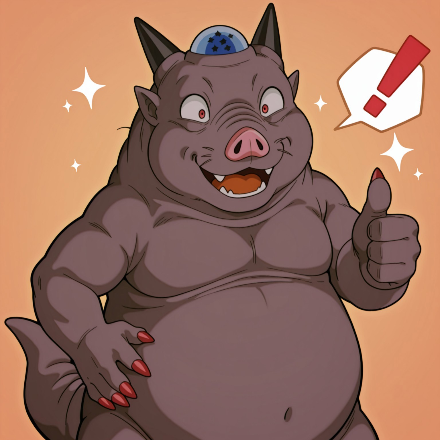 Truenaturon, Solo, 2d, male, 1boy, monster, Brown skin, horns, red eyes, red claws, pink nose, whiskers, pointy ears, tail, toe claws, best quality, amazing quality, very aesthetic, absurdres, newest

BREAK orange background, abstract background, confident, open mouth smile, smiling, giving a thumbs up, encouraging, !, exclamation mark, sparkles, one hand on hip, upper body focus, standing, looking at viewer