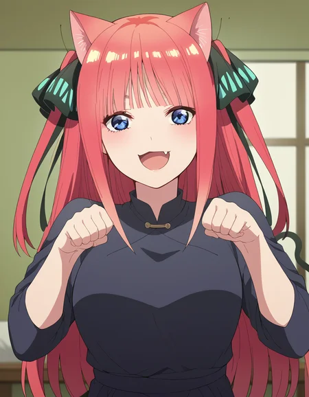 score_9, score_8_up, score_7_up, source_anime, ninonakano, <lora:nino-nakano-s2-ponyxl-lora-nochekaiser:1>, nino nakano, long hair, bangs, blue eyes, hair ornament, hair ribbon, pink hair, blunt bangs, two side up, butterfly hair ornament, mature female,, <lora:paw-pose-ponyxl-lora-nochekaiser:1>, paw pose, cat ears, cat tail, animal ears, tail, cat girl, open mouth, fang, whiskers,, indoors, smile,, cowboy shot, dutch angle, looking at viewer,