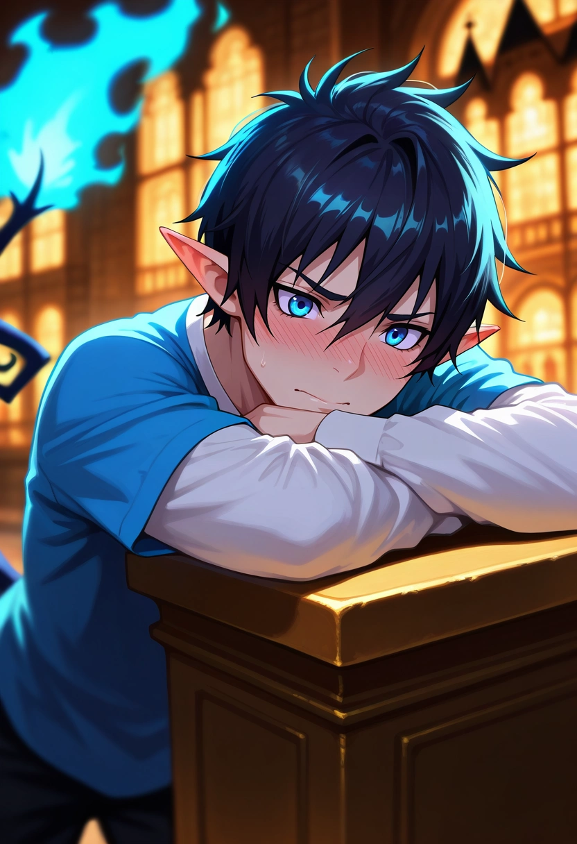 masterpiece, best quality, intricate details, (realistic:0.6), , depth of field, 1boy, solo, male focus, <lora:rin_okumura_ilxl:0.98>, rin_okumura, black hair, blue eyes, short hair, hair between eyes, pointy ears, tail, blue fire, asymmetrical, disneyland, midnight, leaning on object, embarrassed, nose blush,