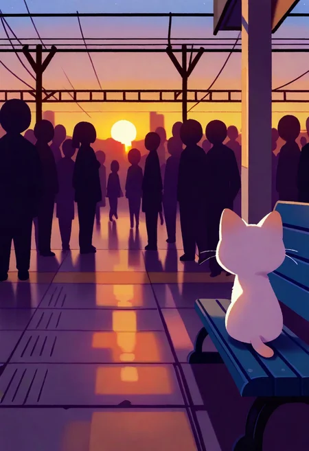 "(masterpiece, best quality, high quality, highres), very awa, highres, absurdres,
(naguru \(cyoroama\):0.9), (chii-kun \(seedyoulater\):0.7), pikaole, cute, 
(white cat:1.1),
(no humans:1.1), (cute:1.2), comfy, solo, cozy,
train station, platform, sitting on a bench, waiting, train, crowd, relaxed, evening, sunset, "