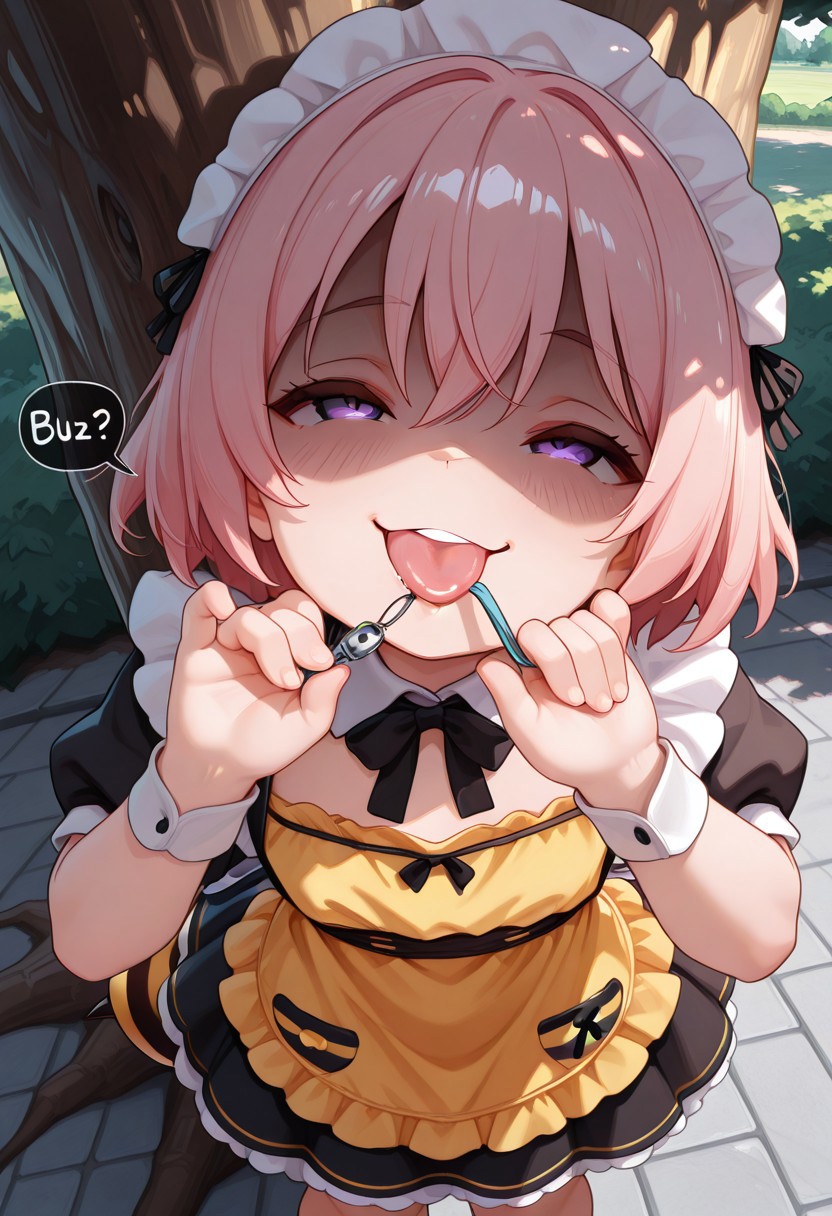 masterpiece, BEST QUALITY, solo, aged down,
short body, short hair, round face,
short limb,
looking up,
tilted head,
under tree,
shadows from tree canopy on her,
sunny day,
CivChan, purple eyes, pink hair, arranged maid outfit,
flat breasts, park, from above, shaded face, (smug:1.2), head tilt,
open eyes,
Bee girl mixture costume,
bee tail. bee wing,
yellow and black stripe apron
cpbt
folded elbow,
1 crime prevention buzzer holding below her chin,
pulling gesture,
clenched teeth,
(tongue out),
(licking of buzzer with her mouth:1.3)
unholy-aesthetic
BREAK
2.5D REALISTIC
ABSURDRES
AMAZING QUALITY
BALANCED HISTGRAM on subject
CONTRAPPOSTO
LOW-KEY HISTGRAM ON BG
NEWEST
PERSPECTIVE
SOLO FOCUS
ULTRA DETAILED EYES, EYE HIGHLIGHTS
ULTRA DETAILED FACE
VERY AESTHETIC
very awa
(simple speech bubble beside her face:1.4)
(asking buzz at speech bubble with black letter content is "buzz?":1.4)