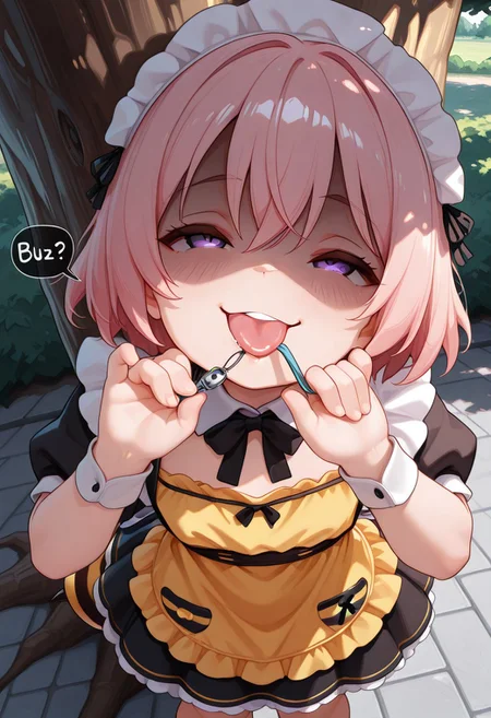 masterpiece, BEST QUALITY, solo, aged down,
short body, short hair, round face,
short limb,
looking up,
tilted head,
under tree,
shadows from tree canopy on her,
sunny day,
CivChan, purple eyes, pink hair, arranged maid outfit,
flat breasts, park, from above, shaded face, (smug:1.2), head tilt,
open eyes,
Bee girl mixture costume,
bee tail. bee wing,
yellow and black stripe apron
cpbt
folded elbow,
1 crime prevention buzzer holding below her chin,
pulling gesture,
clenched teeth,
(tongue out),
(licking of buzzer with her mouth:1.3)
unholy-aesthetic
BREAK
2.5D REALISTIC
ABSURDRES
AMAZING QUALITY
BALANCED HISTGRAM on subject
CONTRAPPOSTO
LOW-KEY HISTGRAM ON BG
NEWEST
PERSPECTIVE
SOLO FOCUS
ULTRA DETAILED EYES, EYE HIGHLIGHTS
ULTRA DETAILED FACE
VERY AESTHETIC
very awa
(simple speech bubble beside her face:1.4)
(asking buzz at speech bubble with black letter content is "buzz?":1.4)