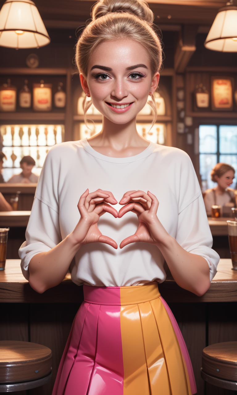 score_9, score_8_up, score_7_up, score_6_up, score_5_up, score_4_up,  slim girl in a pub  ,  fiheartcl,  making heart with hands, colorful short skirt and white blouse   , (blond short wild hairstyle)    <lora:FingerHeartPony:.8>