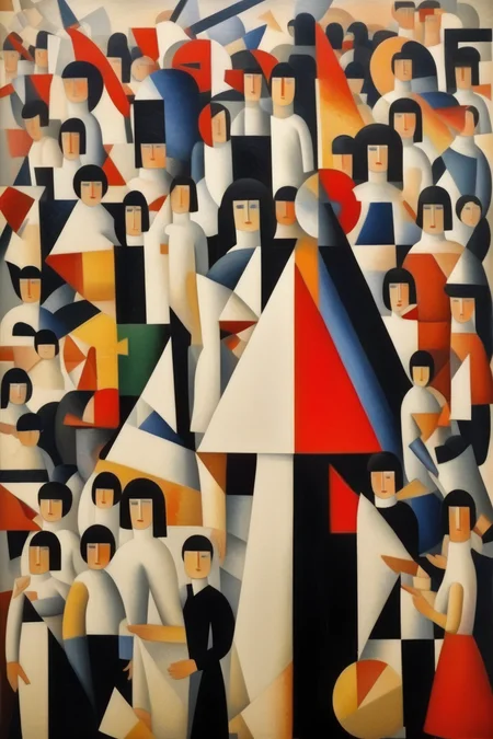 <lora:Jean Metzinger Style:1>Jean Metzinger Style - A very detailed painting in the style of Kazimir Malevich. A revolution