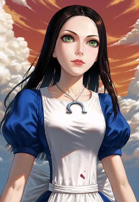 SCORE_9, SOURCE_ANIME, SOLO, 1GIRL, PORTRAIT, CLOSE UP, FRONT VIEW, ALICE LIDDELL, BLACK HAIR, GREEN EYES, DRESS, APRON, NECKLACE, RED SKY, CLOUDS,