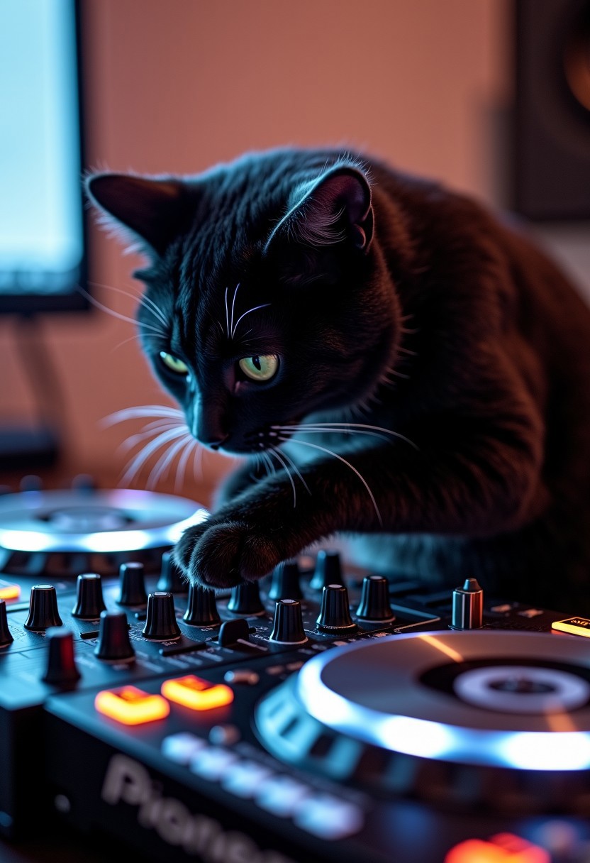 (A black cat) playfully interacts with a Pioneer DJ setup, featuring two CDJ-2000NXS2 turntables and the central DJM-900NXS2 mixer. The cat’s paw hovers over the 4x4 knobs on the mixer, while the [jog wheels] of the turntables reflect ambient light.  [Background softly blurred] to keep the focus on the cat