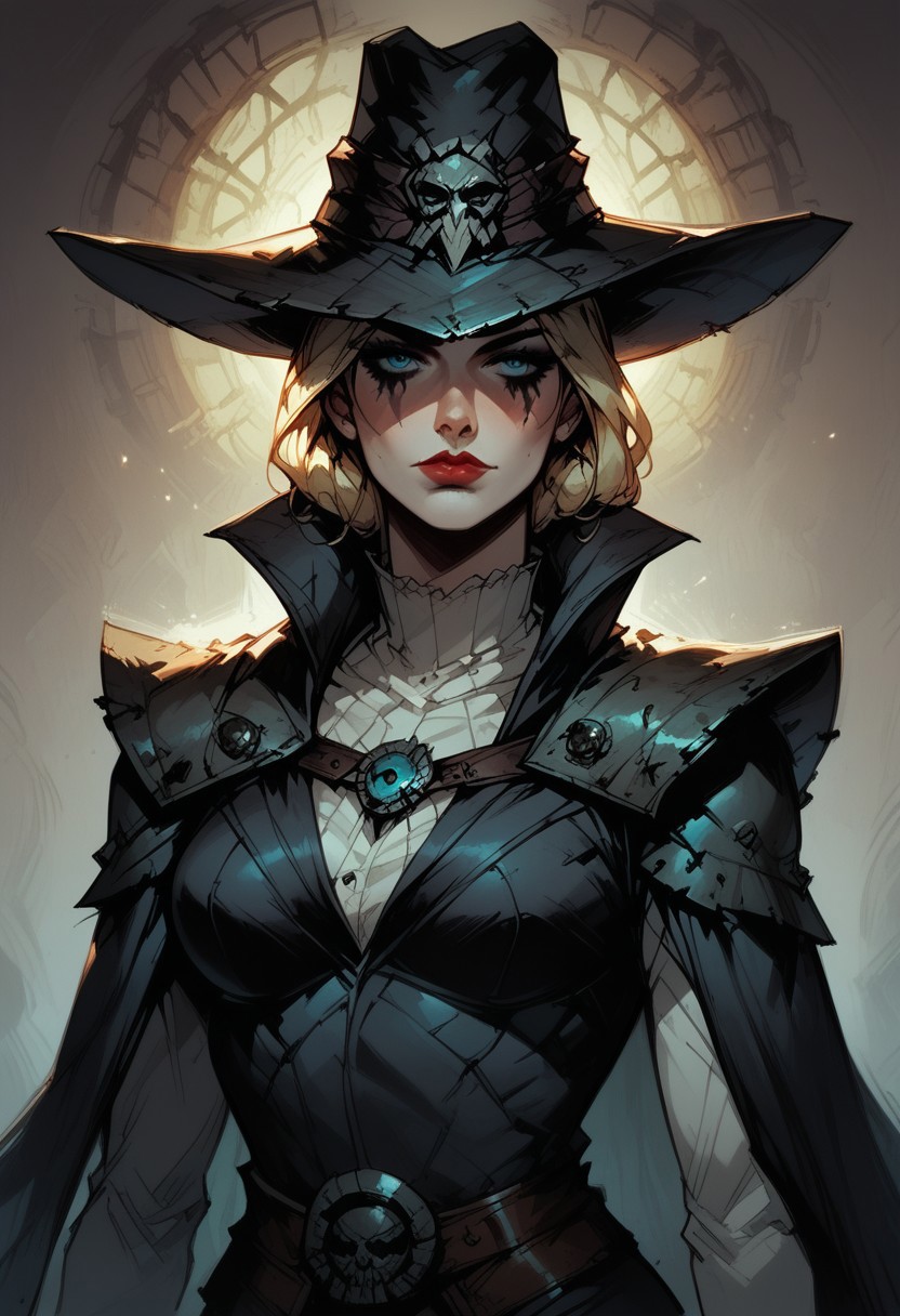 score_9, score_8_up, score_7_up, BREAK, 1woman, cowboy-shot, beautiful, dramatic lights ((Graverober, blonde, DarkestDungeon, GraverobberDD, hat, Darkest Dungeon DDstyle. Darkeststyle. Darkestdungeonstyle.))