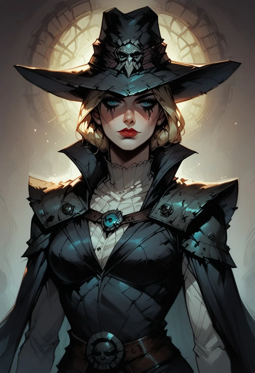 score_9, score_8_up, score_7_up, BREAK, 1woman, cowboy-shot, beautiful, dramatic lights ((Graverober, blonde, DarkestDungeon, GraverobberDD, hat, Darkest Dungeon DDstyle. Darkeststyle. Darkestdungeonstyle.))