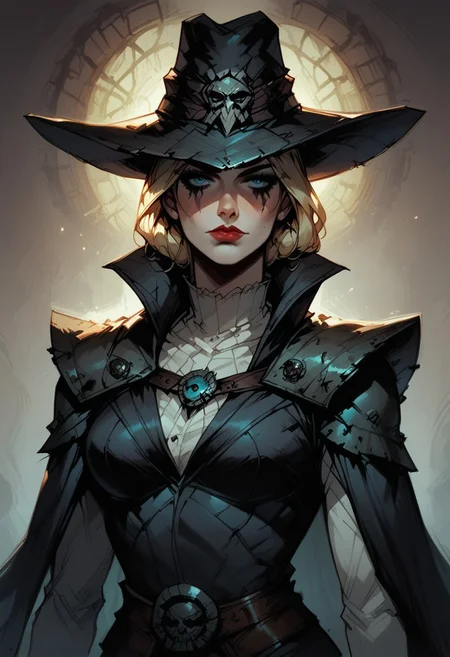 score_9, score_8_up, score_7_up, BREAK, 1woman, cowboy-shot, beautiful, dramatic lights ((Graverober, blonde, DarkestDungeon, GraverobberDD, hat, Darkest Dungeon DDstyle. Darkeststyle. Darkestdungeonstyle.))