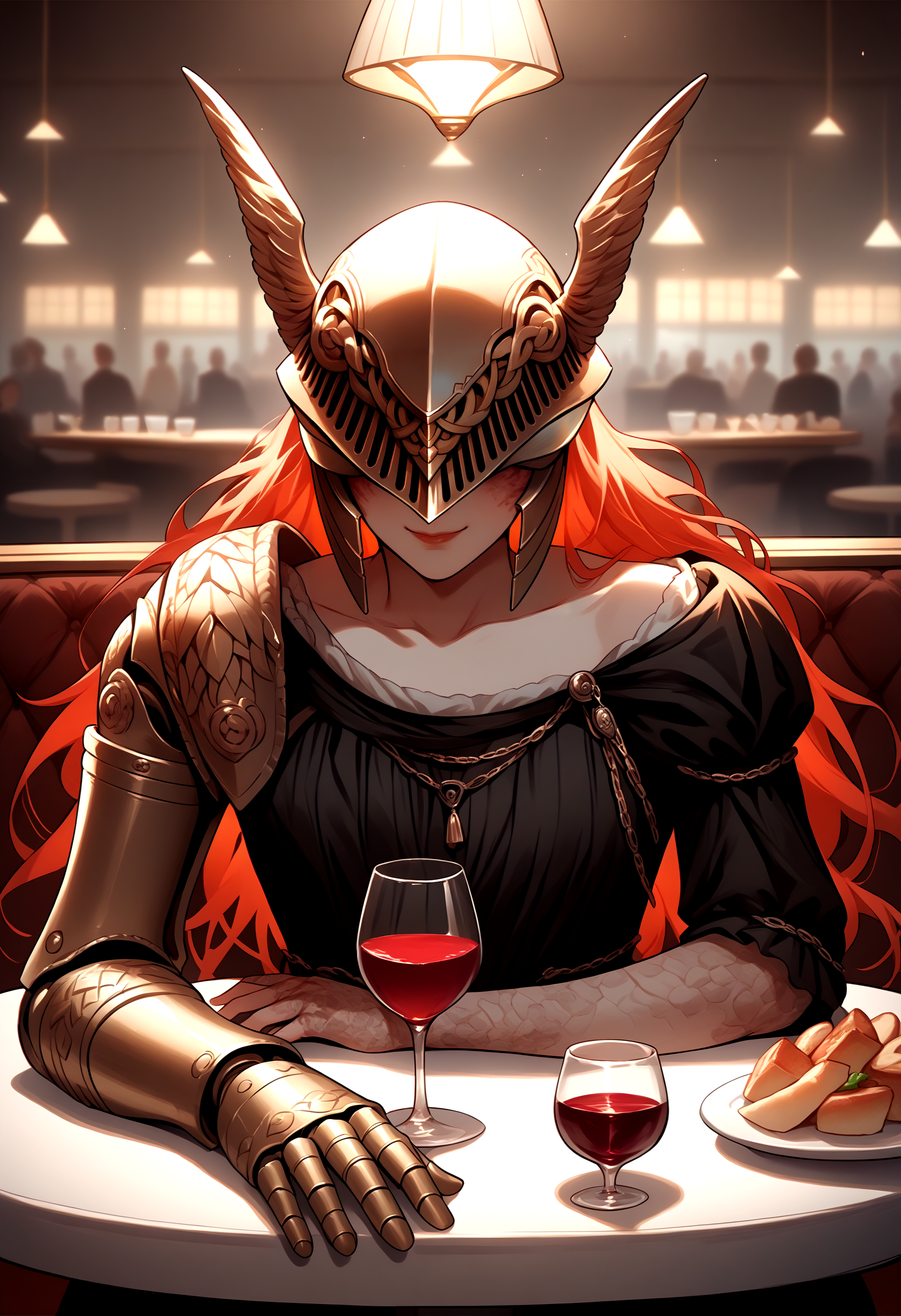 score_9, score_8_up, score_7_up, source_anime, single mechanical arm, prosthesis, MaleniaDef, armor, helmet, <lora:Malenia_XLPD:1>, upper body, pov across table, food, drinking glass, red wine, black dress, seductive smile, cafe, pov, table, holding,