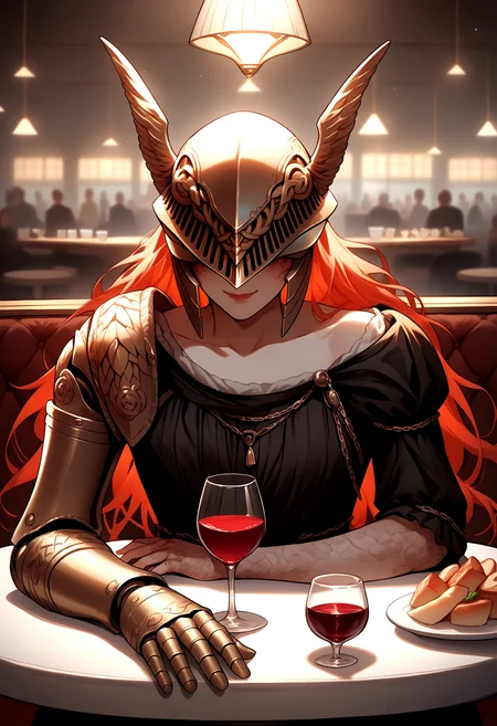 score_9, score_8_up, score_7_up, source_anime, single mechanical arm, prosthesis, MaleniaDef, armor, helmet, <lora:Malenia_XLPD:1>, upper body, pov across table, food, drinking glass, red wine, black dress, seductive smile, cafe, pov, table, holding,