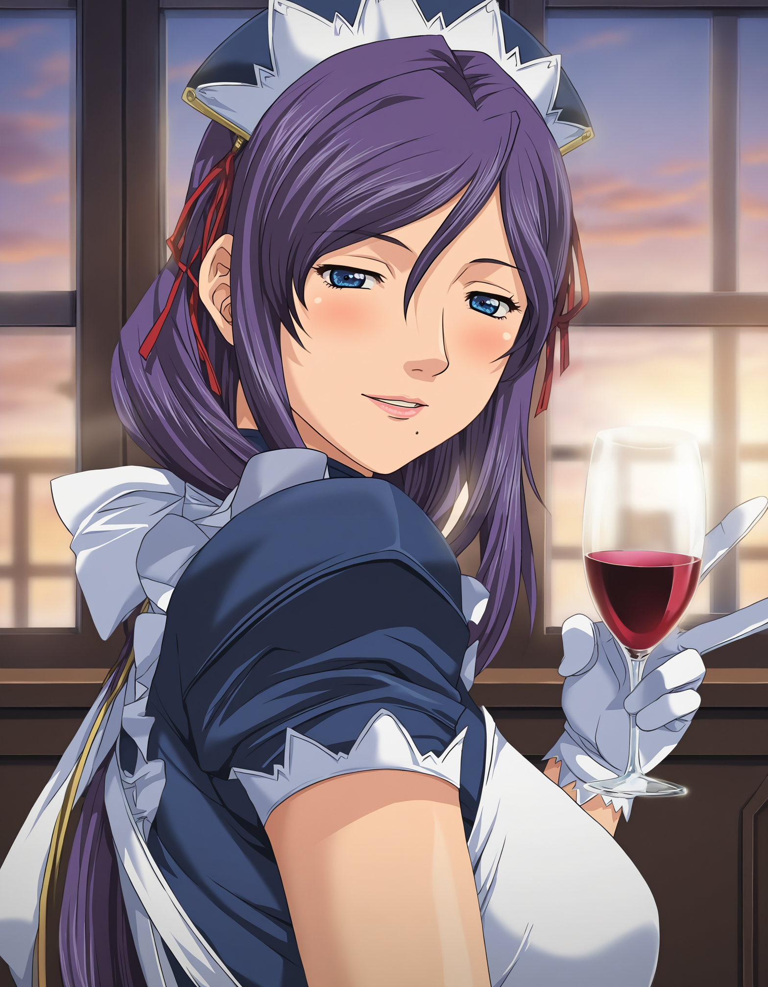 masterpiece, good quality, best quality, backlighting, shadow, bloom, anime coloring, digital media \(artwork\), game cg,
1girl, Nonohara Mikako, mature female, portrait, 
standing, wine glass, holding glass,
solo, looking at viewer, blush, parted lips, half-closed eyes, light smile, V,
purple hair, long hair, blue eyes, hair ribbon, pink lips,
maid, maid headdress, maid shirt, blue shirt, puffy short sleeves, white gloves, maid apron, 
indoors, window, blue skies, evening,  luxury room,
 <lora:Nonohara Mikako 3216 NoobAIXL Vpred:1>