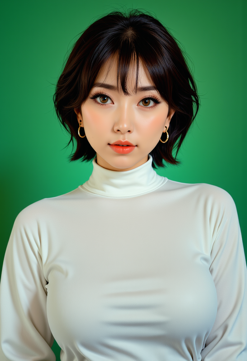 Headshots,masterpiece, a beautiful woman,Hyperrealistic, she is smiling, dynamic angles, multiple angles, photoshoot poses; A photo of A photo of Synthetic Partner 1, a woman with short dark hair, and brown eyes, she has massive breasts, a beautiful girl,she is wearing a white turtleneck sweater.she has massive breasts, she has piercing eyes. a dynamic pose and a sense of action. simple green background, and the lighting is soft, creating a dramatic effect, creating a focused and dynamic pose.; the scene is set in a beautiful well-lit environment, with a sense of action and adventure. Style: realistic hyper-detailed rendering, 32k UHD, expressive eyes, punk, graphic design, girl's face, pretty and cute, gleaming lips, telling a tale of adventure. Exuding confidence and serenity. The overall mood of the image is happy and relaxed, detailed skin texture,(blush:0.2),(goosebumps:0.3), subsurface scattering,with a playful and whimsical tone,perfect hand, hand, detailed hand,niji style,retro50s_style,