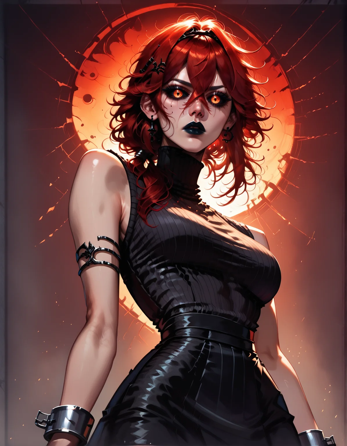 score_9, score_8_up, score_7_up,     detailed background, realistic lighting, background: ruins, red runes,
1 girl, detailed eyes,slim and fit, solo, dynamic pose,  mature adult female, 
Kydra, red hair, low ponytail, hair glow, dark lips, black metal cuffs, medium breasts, sleeveless turtleneck, skirt, thigh highs, dark sclera, 
<lora:Pony - Characters - Kydra:1>,
 <lora:Pony - Face - Fantasy_eyes:1>, Fantasy_eyes,