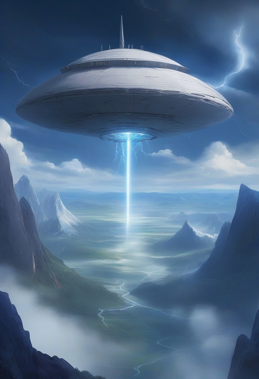alien mothership, flying over the surface of pluto, deep space in the background, glaciers, icy mountains in background, thunder storm, dark blue clouds, bright white lightning bolt in the sky, dutch angle, spaceship flying at high speeds through the mountains, (lightning:1.3), evangelion vfx, studio ghibli and makoto shinkai <lora:add-detail-xl:1> <lora:xl_more_art-full_v1:1>