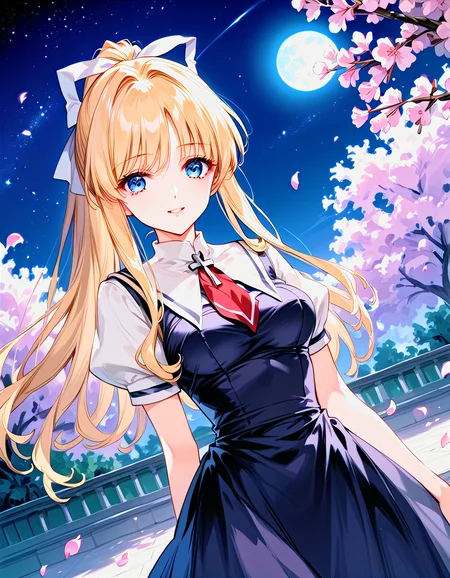[MugenMaluMix is merged by motimalu, Shining Dream is merged by eliont, Epona_Mix is  merged by k4gtuTi:100], [zPDXLxxx::0.6], score_9, score_8_up, score_7_up, rating_questionable, source_anime, best quality, masterpiece, dreamy watercolor, depth of field, fcx, fyx, phc, yuh, very aesthetic, absurdres, retro style, depth of field, <lora:Expressive_H-000001:0.4>, Expressiveh, <lora:flat_sdxl:-0.8>, <lora:pony_good_hands:0.2>, good_hands, <lora:Mixed_ArtstyleV2:0.36>, [this lora is made by MaiiaM:100], <lora:iris_size_control2_pony_02:0.4>, <lora:detail_eyes-000019:0.2>, [this lora made by sadsilly:100], detail1eye, <lora:PE_AnimeBG:0.6>, PE_AnimeBG, anime, 1girl, long eyelashes, ultra detailed eyes, beautiful eyes, bright eyes, faint lips BREAK head tilt, provocative smile, night, night sky, starry sky, huge moon, full moon, spring, cherry blossom petals, cowboyshot, (three quarter view:0, straight-on, (dutch angle:0) BREAK <lora:kamio-misuzu-xl-04:1>, blonde hair, ponytail, white ribbon, blue eyes, medium breasts, air school dress uniform, waist bow, black boots