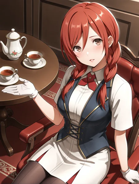 masterpiece,best quality,newest,
1girl,solo,
<lora:t_hibari_b_ilxl_v1.1:1>,t_h_b,red hair,twin braids,brown eyes,
h_clothes,red ascot,white gloves,black vest,white skirt,black_pantyhose,
<lora:Fixhands_anime_bdsqlsz_V1:1>,looking_at_viewer,dynamic_angle,cinematic_angle,light_blush,simple_background,parted lips,hand up,sitting_on_chair,table,carpet,teapot,teacup,holding_cup,