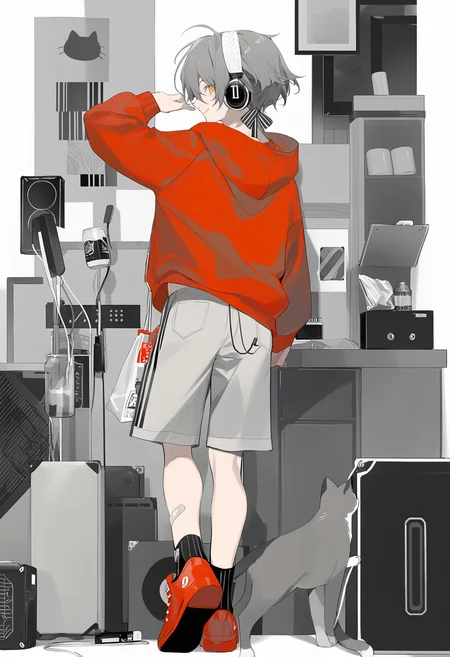 1girl,solo,masterpiece,best quality,newest,recent,
BREAK
artist:ä»æ²¢, 1girl, pointy ears, yellow eyes, hood, food, shorts, multiple views, bread, looking at viewer, red hoodie, hoodie, grocery bag, grey hair, bag, short hair, smile, white background, white shorts, long sleeves, red footwear, hairband, hood down, hair ribbon, ribbon, shopping bag, looking back, simple background, shoes, holding, full body, from behind, walking, bangs, paper bag, blush, standing, sleeves past wrists, closed mouth,instrument, monochrome, guitar, cat, pill, short hair, pants, solo, long sleeves, 1boy, shirt, headphones, bandaid, looking at viewer, barcode, jitome, male focus, socks, greyscale, 1girl, hair between eyes, cable, eraser, can, cup, closed mouth