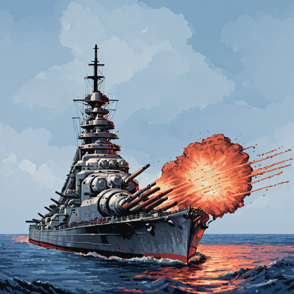 a large bsmrck battleship is in the middle of the ocean ((pulp_comic, heavy_lines, hand_drawn, hand_inked, hand_colored, apxlz))