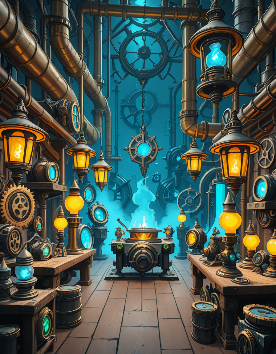 A highly detailed and immersive gnome workshop inspired by World of Warcraft, filled with intricate mechanical devices, glowing gadgets, and arcane-infused machinery. The workshop is cluttered with blueprints, gears, and steam-powered contraptions, creating a vibrant steampunk-fantasy aesthetic. The lighting comes from flickering arcane lamps, neon-colored tubes, and softly glowing mana crystals, casting a warm yet mysterious ambiance. In the background, large brass pipes, rotating cogs, and suspended platforms form a complex, multi-layered workspace. A large workbench at the center is covered with half-finished inventions, from tiny clockwork creatures to experimental energy weapons. The walls are adorned with schematics, tool racks, and magical energy conduits. The atmosphere feels lively, as if gnome engineers have just stepped away from their latest tinkering project, leaving sparks flying and steam hissing from unfinished experiments. The color palette is a mix of vibrant blues, greens, and metallic hues, enhancing the high-tech yet whimsical charm of gnomish engineering.<lora:SDXLFaeTastic2400:0.4> <lora:extremely_detailed:0.4> extremely detailed,gnome w0rksh0p <lora:gnome_w0rksh0p-i:1>, Masterpiece,best quality,hi res,8k,hi res,8k,award winning,(sharp focus, intricate, highly detailed),