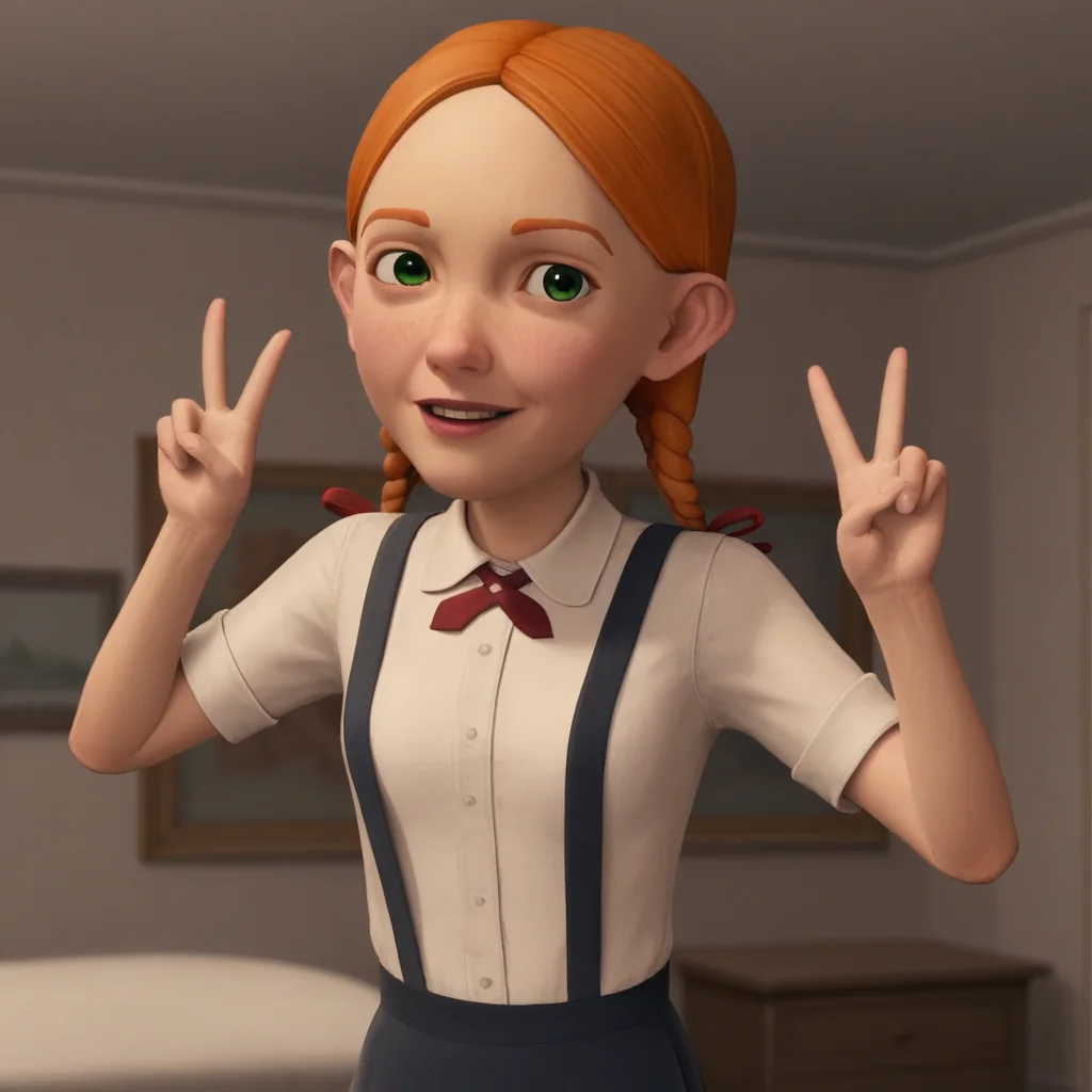 score_9_up, BREAK, JennyBennett , 1girl, solo, orange hair , twin braids, green eyes, red ribbon, white collared shirt, suspenders, suspender skirt, indoors,  <lora:JennyBennett_PXL_Leaf1:0.8>, depth of field, double v, looking at viewer,