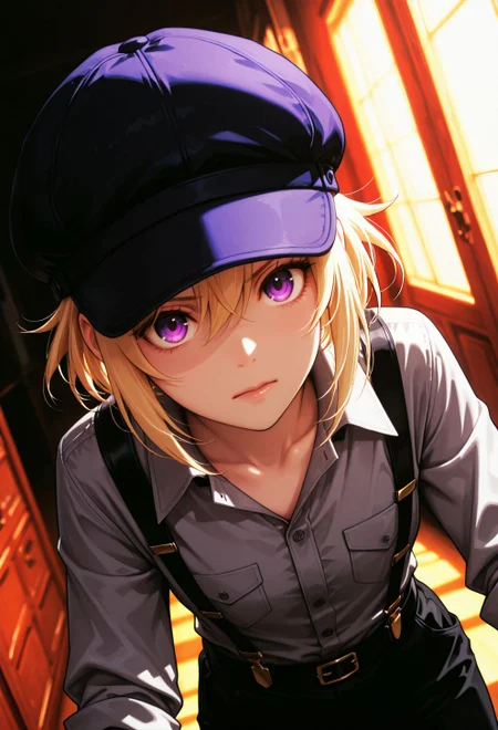 <lora:Jill Savelle:0.9>, CDE_JE,purple eyes,medium hair,blonde hair,hair between eyes, boyish, grey shirt,hat,cabbie hat,black pants,black suspenders,
general, dutch angle, oblique view, dynamic pose,
masterpiece, best quality, absurdres, highres, very aesthetic, high quality, detailed, insanely detailed, beautiful, high saturation, high contrast,
(photo background:0.3), depth of field,
<lora:noobai_vpred_1_masterpieces_v1:1>, very awa,
<lora:noob1.1-lineart_adjust1-mki:-0.5>,
<lora:IllustriousTweakerLora_v4-detail_1457119:0.8>, <lora:LECO_StickClotch:1.5>, <lora:LECO_Particles:1>,