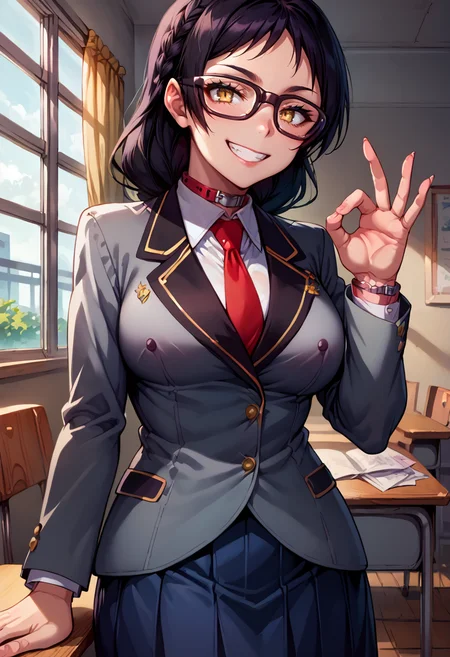 score_9, score_8_up, score_7_up, source_anime, shiny body, ayame_kajou, 1girl, glasses, solo, black hair, braid, long hair, yellow eyes, smile, school uniform, red necktie, blazer, skirt, collar, white shirt, <lora:Ayame_Kajou:1>, large breasts, happy, grin, sex gesture, simple back ground