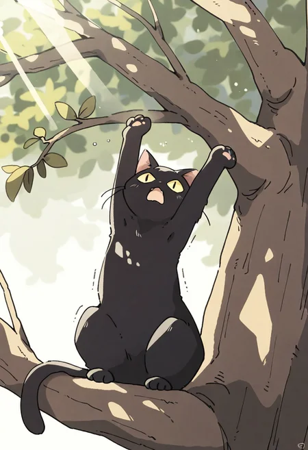 (masterpiece, best quality, high quality, highres), very awa, highres, absurdres,
chii-kun \(seedyoulater\), naguru \(cyoroama\),
(cat:1.2), black cat, (no humans:1.1), paws, fur, (cute:1.2), comfy, solo,
scared, stretching, OO,
tree branches, day, sunlight, sunrays,