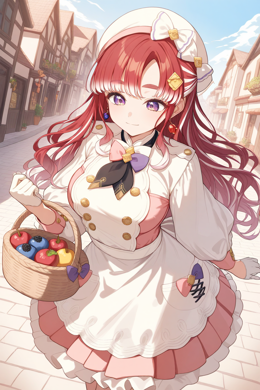 masterpiece, high score, great score, absurdres,
high resolution,
detailed background, soft lighting,
1girl, solo, dynamic angle, from above,
saotome berry, saotome berry 1st costume,
beret, two hat bows, white bow, white headwear,
long hair, red hair, multicolored hair, white hair,
streaked hair, braid, wavy hair,
parted bangs, asymmetrical bangs,
thick eyebrows, purple eyes,
looking at food,
earrings, jewelry, hair ornament,
light smile,
walking,
white jacket, double-breasted,
large breasts,
black neckerchief,
white bowtie, pink bowtie, purple bowtie, 
pink dress, frilled dress,
buttons,
long sleeves, puffy sleeves,
holding basket,
half gloves, white gloves,
white apron,
pleated skirt, layered skirt,
landscape, wind, blue sky, town,
<lora:kp_SaotomeBerryAnimagineXL_v1:1.0>