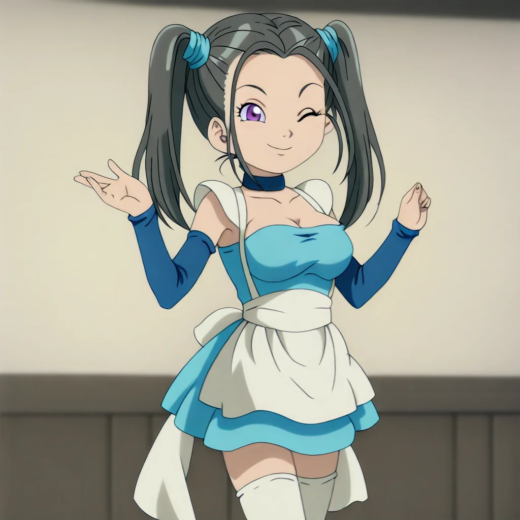 anime screencap, anime art style, bouquet_(blue_dragon), blue_dragon_(anime), 1girl, solo, twintails, thighhighs, one eye closed, purple eyes, black hair, white thighhighs, smile, choker, breasts, long hair, detached sleeves, zettai ryouiki, dress, waist apron, white apron