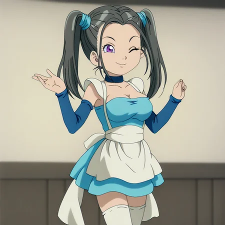 anime screencap, anime art style, bouquet_(blue_dragon), blue_dragon_(anime), 1girl, solo, twintails, thighhighs, one eye closed, purple eyes, black hair, white thighhighs, smile, choker, breasts, long hair, detached sleeves, zettai ryouiki, dress, waist apron, white apron