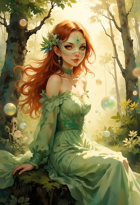 A dinkfsn style ink wash painting of a delicate, pale-skinned, smiling woman seated gracefully on a moss-covered tree stump in a tranquil forest setting. She has thick, full, very long and flowing, dark-red hair cascading over her shoulders and down her back, contrasting beautifully with her white, porcelain complexion. Her big eyes and face are partially concealed by an ornate, white lace and metallic mask with intricate filigree patterns and small shimmering details, evoking mystery and elegance. She wears a flowing, embroidered green and ivory dress adorned with subtle floral patterns and emerald appliques, its lightweight fabric softly blows in the breeze while catching the light. The dress features off-the-shoulder sleeves and a modest neckline, exuding a vintage, fairy-tale aesthetic. Around her neck, she wears a delicate choker with a dangling star-shaped charm, enhancing her refined appearance. Her arms are behind her back as she stares at you with a mix of curiosity and shyness. Floating in the air around her are glowing, pearlescent orbs and globes, their soft light reflecting on her skin and dress, adding an element of enchantment to the scene. The forest background is lush and vibrant, with strong sunlight filtering through tall trees and on her back, casting dappled light onto the scene and creating a dreamlike atmosphere. The art style is hyper-realistic with a focus on fine details, textures, and soft lighting, emphasizing the ethereal quality of the figure.