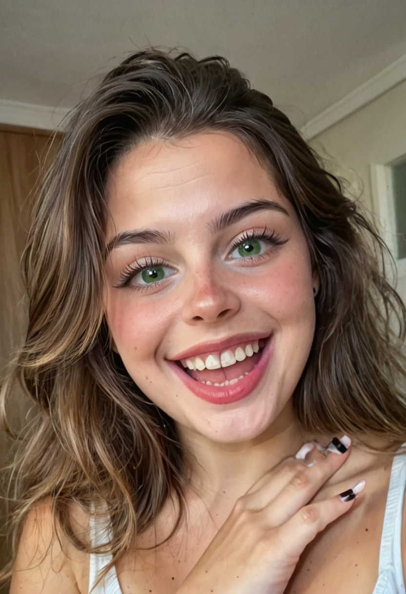 safe_pos, score_9, score_8_up, score_7_up, score_6_up, score_5_up, score_4_up, Luz_Celina_Influencer, Luz Celina Influencer
(1girl, caucasian, 18yo, brown hair,pale skin, XSTYL hair, green eyes, big eyes ), (laughing wide open mouth:1.2), (XACT:1.1)
cinematic lighting, dynamic view,  looking at the viewer,  dynamic angle, model pose, cowboy shot
<lora:Pony_DetailV2.0:0.8> <lora:Luz_Celina_Influencer:1>âââ