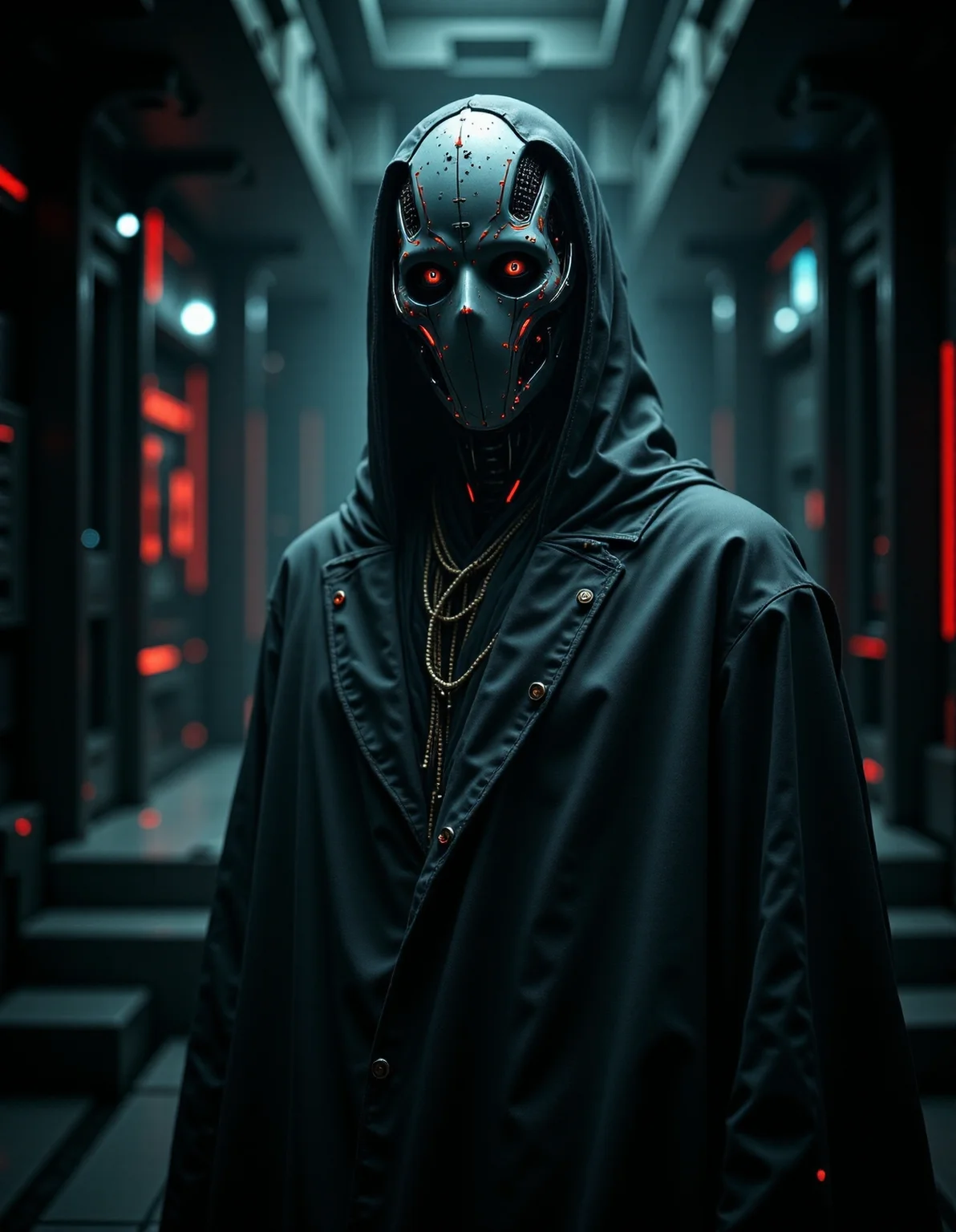 Surrealist photo dynamic high angle of an old damaged cyborg humanoid rogue prototype, in the style of ck-ncr, intrigant gaze looking to viewer, heavy damage, mysterious mystical scene, <lora:ck-Neurocore-Realistic-Cyborgs:1.1>, <lora:aidmaFLuxPro1.1_v0.3:0.6> aidmafluxpro1.0 insane details dramatic lighting, inside the dark temple, machinery, tubes, cable, led racks in the background, stairways descend to deep darkness