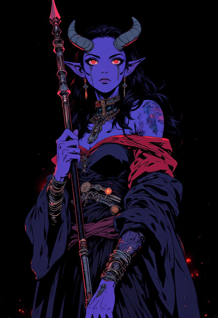 (holding a magic staff),full body shot, masterpiece,best quality, 1girl, extremely beautiful,Long deep black wavy hair, medium large breasts, slender body, curvy, deep purple skin, lithe tiefling smooth tail, wearing yennefer clothes, large curled ram horns, mystic jewelry, glowing neon mystic tribal tattoos, model pose, tall, perfect composition, ((Simple Empty Plain black hypnotic aura chaos Background)), seductive smirk, cute, very pretty, sexy, subtle, simple, close up, female, elf, (dark blue skin), black hair, burgundy eye color, black eye sclera, layered clothing, waist-high, black background, drow