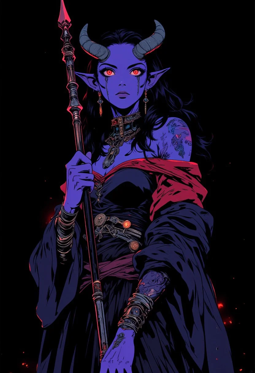 (holding a magic staff),full body shot, masterpiece,best quality, 1girl, extremely beautiful,Long deep black wavy hair, medium large breasts, slender body, curvy, deep purple skin, lithe tiefling smooth tail, wearing yennefer clothes, large curled ram horns, mystic jewelry, glowing neon mystic tribal tattoos, model pose, tall, perfect composition, ((Simple Empty Plain black hypnotic aura chaos Background)), seductive smirk, cute, very pretty, sexy, subtle, simple, close up, female, elf, (dark blue skin), black hair, burgundy eye color, black eye sclera, layered clothing, waist-high, black background, drow