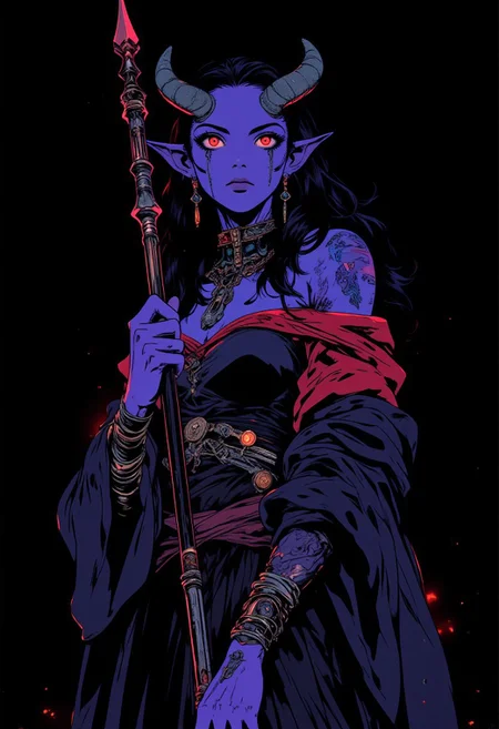 (holding a magic staff),full body shot, masterpiece,best quality, 1girl, extremely beautiful,Long deep black wavy hair, medium large breasts, slender body, curvy, deep purple skin, lithe tiefling smooth tail, wearing yennefer clothes, large curled ram horns, mystic jewelry, glowing neon mystic tribal tattoos, model pose, tall, perfect composition, ((Simple Empty Plain black hypnotic aura chaos Background)), seductive smirk, cute, very pretty, sexy, subtle, simple, close up, female, elf, (dark blue skin), black hair, burgundy eye color, black eye sclera, layered clothing, waist-high, black background, drow