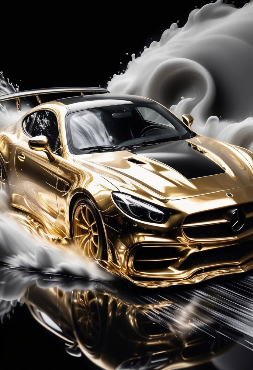 GOLD LIQUID METAL sports car, race car, racing through SILVER LIQUID METAL, liquid metal sprays up from the cars tyres, Car drifting in a black void