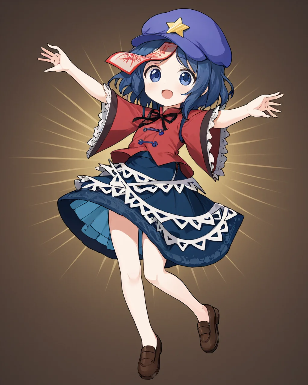 miyako yoshika,cabbie_hat, 2girls, star_\(symbol\), star_hat_ornament, open_mouth, red_shirt, ofuda, jiangshi, tangzhuang, floral_print, full_body, lace-trimmed_sleeves, black_skirt, zombie_pose, wide_sleeves, teeth, hagoromo, hair_stick, looking_at_viewer, white_vest, blue_dress, neck_ribbon, hair_rings, brown_footwear, black_ribbon, frills, shoes, purple_headwear, puffy_short_sleeves, black_footwear, small_breasts
<lora:miyako_yoshika_image2483_2023-12-20:1>,star-shaped_pupils,symbol-shaped_pupils,. gorgeous,key visual, vibrant, studio anime,award-winning, professional, highly detailed,high budget, cinemascope