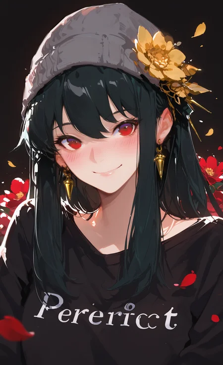 masterpiece, best quality, good quality, newest, highres, absurdres, yor briar, 1girl, solo, long hair, looking at viewer, blush, smile, shirt, black hair, red eyes, hat, closed mouth, jewelry, Portrait, flower, sidelocks, earrings, black shirt, petals, red flower, yellow flower, hat flower, beanie, falling petals, print shirt, grey headwear, gold earrings, no lineart,no outline, <lora:illustriousXL_stabilizer_v1.23:0.3> <lora:NOOB_vp1_detailer_by_volnovik_v1:0.3> <lora:ponyv6_noobE11_2_adamW-000017:0.3> <lora:XXX667:0.7> <lora:MelancholyAnime:0.4> <lora:NoctFlatStyleILV0.6-Contrast:0.5> <lora:solaXL_NBVP1_lokr_V6311P:1.1>