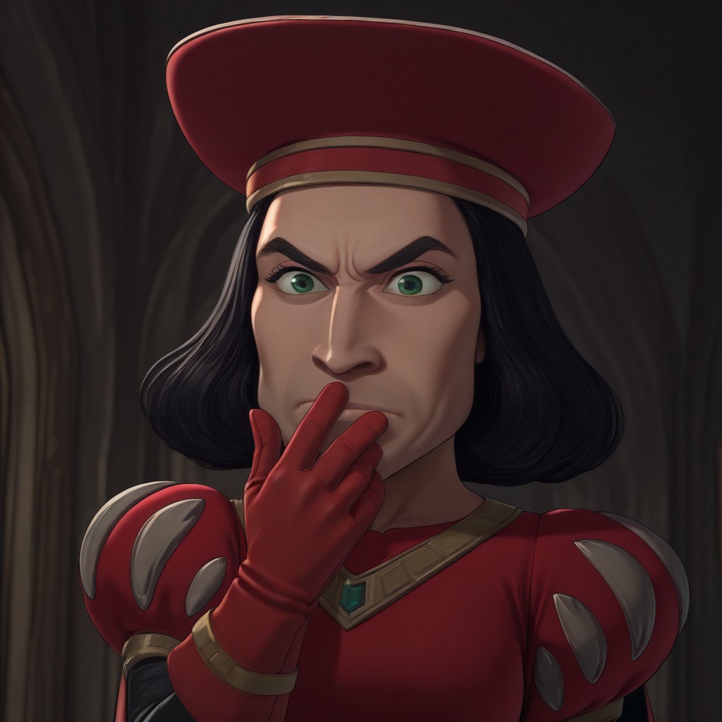 masterpiece, best quality, newest, absurdres, highres,  anime, anime style, Lord-Farquad-IL-V1.0 Lord-Farquad-IL-base outfit, short hair, red gloves, black hair, beret, cape, gloves, hat, green eyes, red headwear, hat,