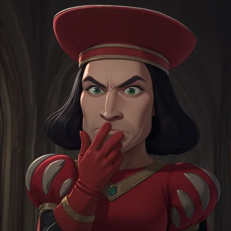 masterpiece, best quality, newest, absurdres, highres, anime, anime style, Lord-Farquad-IL-V1.0 Lord-Farquad-IL-base outfit, short hair, red gloves, black hair, beret, cape, gloves, hat, green eyes, red headwear, hat,