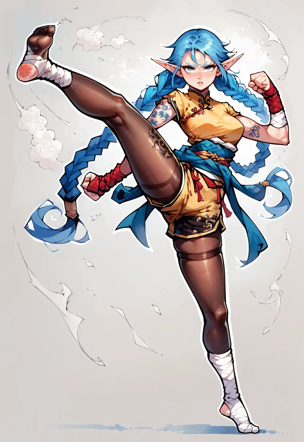 score_9, score_8_up, score_8, score_7_up, white outline, masterpiece, c4m3lt0, cartoon, comic, solo, Jump kick,
We1La1, 1girl, elf, martial artist, adult, slender athletic build, pointed ears, cerulean-blue hair, long twin braids, very long braids, silver eyes, dragon-tattoo on arm, acrobat clothes, high waisted shorts, red and blue and gold clothing, chinese clothes, skindentation, tights, pantyhose, long sash around waist, leg wraps, foot wraps, calloused feet,