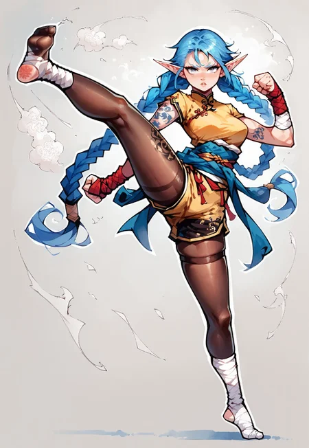 score_9, score_8_up, score_8, score_7_up, white outline, masterpiece, c4m3lt0, cartoon, comic, solo, Jump kick, 
We1La1, 1girl, elf, martial artist, adult, slender athletic build, pointed ears, cerulean-blue hair, long twin braids, very long braids, silver eyes, dragon-tattoo on arm, acrobat clothes, high waisted shorts, red and blue and gold clothing, chinese clothes, skindentation, tights, pantyhose, long sash around waist, leg wraps, foot wraps, calloused feet,